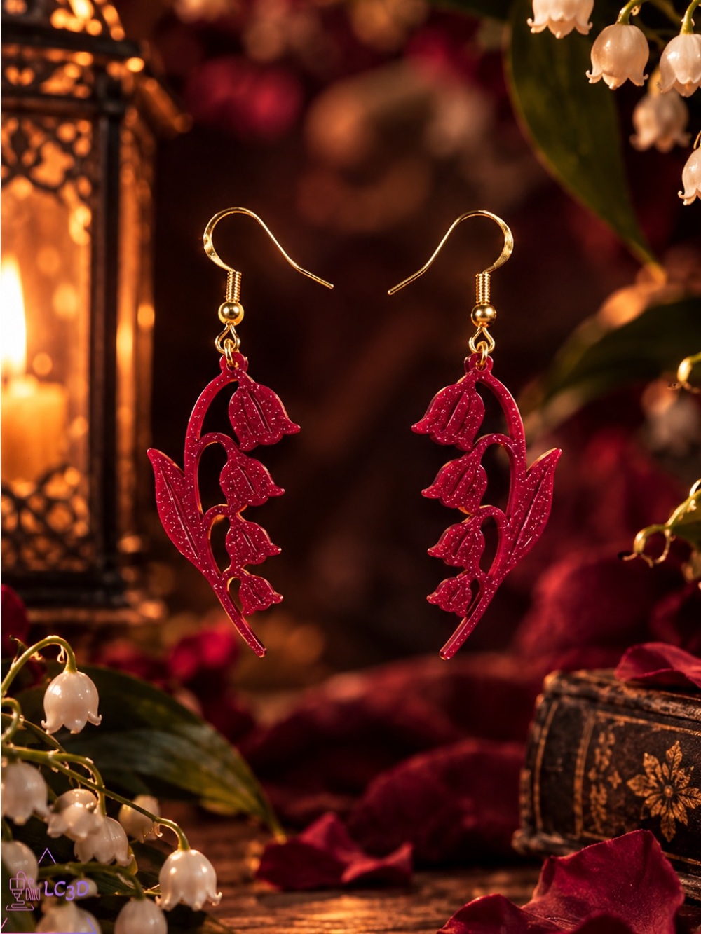 Gold Hook Pink Floral Drop Earrings